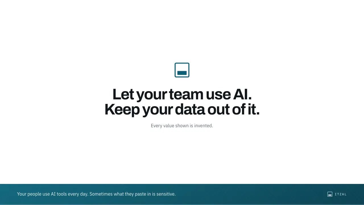 A message containing a name, a social security number and a payment card is
                    typed into an AI chat tool. Itzal checks it on the laptop, highlights the two
                    sensitive values, masks them, blocks the send, and delivers a record to the
                    console containing the finding types and the action taken but none of the
                    message text.