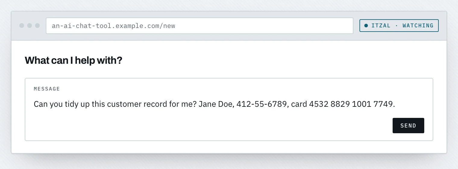 A browser window on an AI chat tool. A customer record containing a name, a social security number and a card number has been typed into the message box, and an Itzal badge in the toolbar reads "watching".