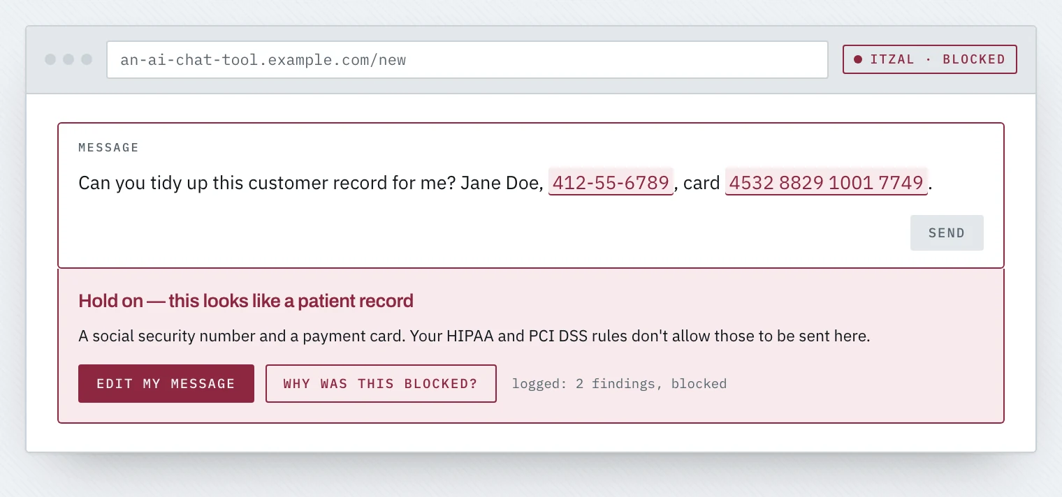 The same message with the social security number and card number highlighted in red, the send button disabled, and a warning reading "Hold on — this looks like a patient record" offering to edit the message.